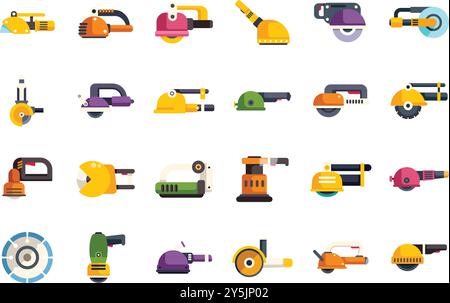 Various angle grinders are displaying different cutting discs for construction and repair works Stock Vector