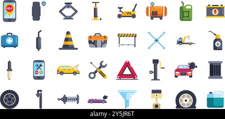 Collection of icons representing car maintenance, repairs, and roadside assistance, showcasing essential tools and services Stock Vector