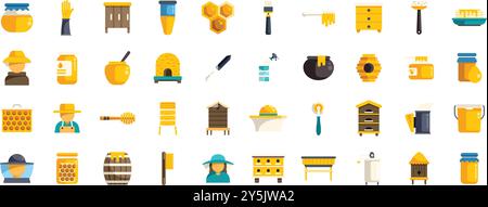 Beekeeping icons set featuring beekeepers harvesting honey from beehives, extracting it from honeycombs, and selling it at the local market Stock Vector