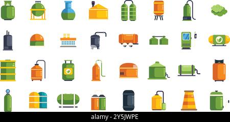 Diverse set of colorful icons depicting gas storage tanks, systems, and related infrastructure, highlighting the vital role of gas in various industries Stock Vector