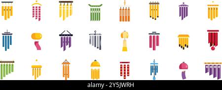 This set of wind chimes features a variety of colors, shapes and sizes, making it perfect for adding a touch of whimsy and tranquility to any space Stock Vector