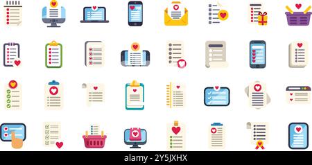 Wish list icon set featuring various devices and shopping baskets with hearts Stock Vector