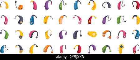 Large set of colorful hearing aid icons showing different models and technologies for hearing loss Stock Vector