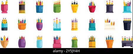 Set of colorful pencils in different holders for drawing and sketching on white background, art tools for artists and designers Stock Vector