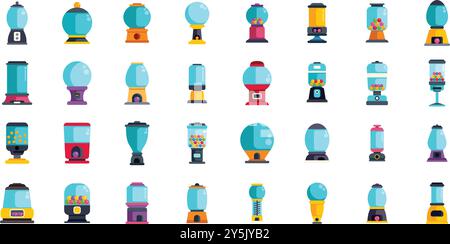 Variety of gumball machines are dispensing colorful candy and toys Stock Vector