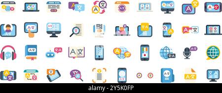 Variety of colorful icons showing different ways of translating text and speech both online and offline Stock Vector