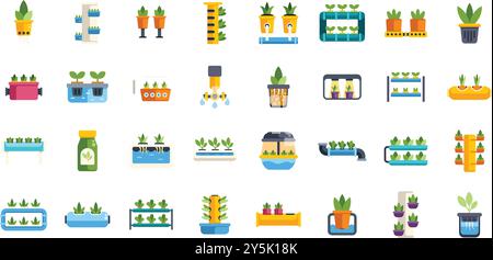 Hydroponic and aeroponic farm equipment showing water culture growing system for organic agriculture Stock Vector