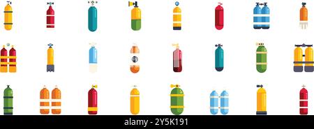 This vector illustration features various scuba diving and oxygen tanks, ideal for projects related to underwater exploration, diving safety, and aquatic adventures Stock Vector