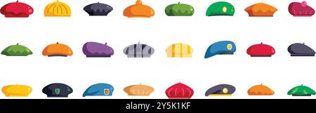 Large set of colorful beret hats showing variety of styles and colors, isolated on white background Stock Vector