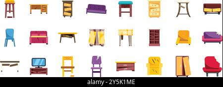 This set of icons showcases various pieces of furniture in states of disrepair, highlighting damage and broken parts Stock Vector