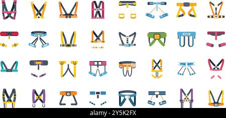 Set of various safety harnesses for working at height or climbing, ensuring worker safety and preventing falls Stock Vector