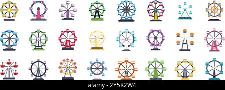 Ferris wheel icons set in flat style showing different types of observation wheels for amusement parks and theme parks Stock Vector