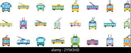 This set of trolleybus icons is perfect for projects related to public transport, urban mobility, or any design requiring a touch of colorful transportation Stock Vector