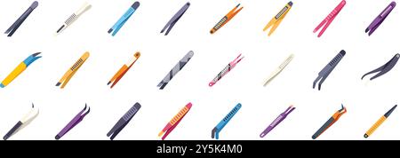 Diverse collection of tweezers icons, showcasing various designs, colors, and functionalities for precise tasks Stock Vector