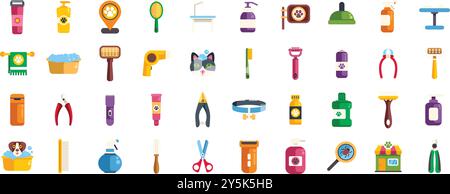 Set of colorful icons depicting objects and tools for pet grooming and pet shops Stock Vector