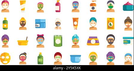 This illustration features various types of cosmetic face masks and other beauty products, perfect for representing skincare and beauty routines Stock Vector