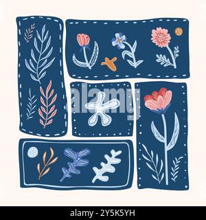 Vector patchwork-style illustration featuring various hand-drawn flowers and leaves on a dark blue background with stitched details. Stock Vector