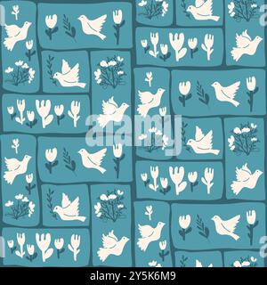 Dove patchwork seamless pattern with various floral and botanical elements arranged in rectangular segments. Perfect for home decor or textile pattern Stock Vector