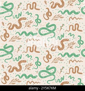 Seamless pattern featuring various stylized snakes in green and brown colors, complemented by leaves and dots on a light background. Vector hand drawn Stock Vector