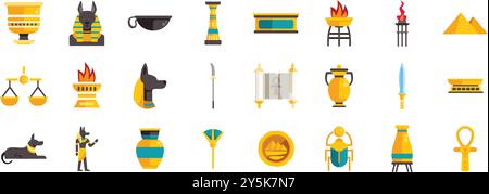 Discover a captivating set of ancient egyptian cultural elements, beautifully crafted in a flat vector style, showcasing the rich history and symbolism of this ancient civilization Stock Vector