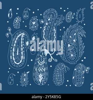 Paisley arts and crafts poster. Vector hand drawn monochrome line art collection illustration on dark blue background. Stock Vector