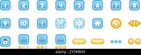 Set of game buttons with numbers and icons showing interface elements for mobile games or apps Stock Vector