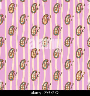 Paisley striped seamless pattern. Foulard ornament endless background. Cucumber drops vibrant surface pattern design motif. Vector hand drawn doodle illustration. Stock Vector