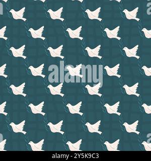 Seamless pattern with white doves holding olive branches on a dark checked background. Surface pattern design night birds motif. Vector hand drawn illustration. Stock Vector