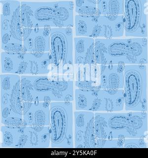 Paisley blue line seamless pattern with various floral and drops ornament elements arranged in rectangular segments. Patchwork monochrome endless background. Vector hand drawn illustration. Stock Vector