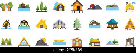 Set of various wooden cabins and bungalows located in nature, perfect for illustrating a relaxing vacation Stock Vector