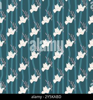 Seamless pattern with white doves holding olive branches on a dark teal background. Surface pattern design birds motif. Vector hand drawn illustration. Stock Vector