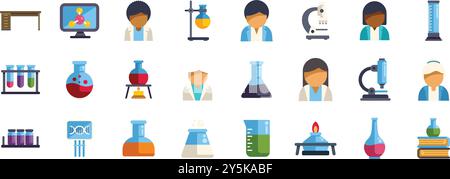 Set of icons representing scientists doing research with medical equipment in a laboratory Stock Vector