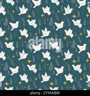 Seamless pattern of white doves in flight, accompanied by stars and botanical elements on a teal background, perfect for fabric, wrapping paper, and holiday designs. Vector illustration. Stock Vector