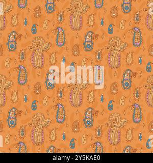 Paisley seamless pattern. Warm colors continuous ornament. Surface pattern design autumn motif. Vector hand drawn illustration. Stock Vector