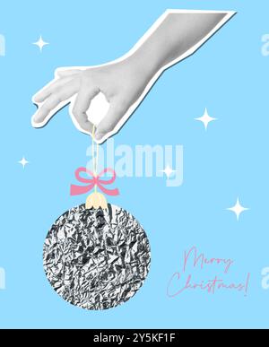 Vintage halftone collage. Merry Christmas. Hand holding Glitter silver Xmas ball with bow. Vector illustration. Holiday card with trendy retro modern Stock Vector
