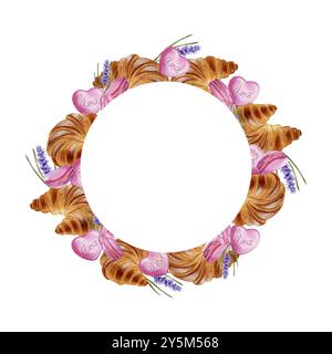 Wreath, round frame of croissant, pink macaroons in the shape of a heart and a sprig of lavender on a white background. Watercolor illustration for a bakery, pastry shop, coffee shop and cafe. Stock Photo