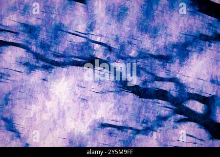 This image features an abstract composition with blue and purple hues, characterized by dynamic brush strokes and textured patterns, evoking a sense o Stock Photo