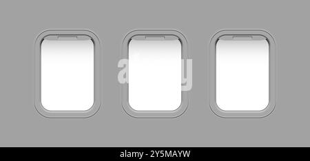 Airplane windows, view from inside cabin with grey sidewall Stock Photo