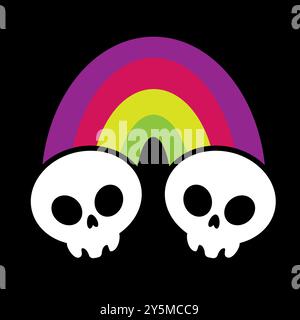 Vector illustration of two skulls linked by a multi-colored rainbow in cartoon style. Spooky digital background. Stock Vector