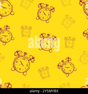 Seamless pattern with the chalk clock on yellow background. Vintage seamless background with Alarm Clocks with Grunge Effect, Vector illustration. Stock Vector
