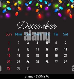 Calendar for December 2024 with Christmas lights on dark background. December 2024 Calendar vector illustration with colored Christmas lights. Calenda Stock Vector