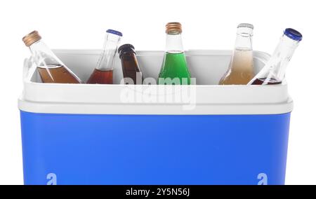 Many bottles of drinks in cooler box isolated on white Stock Photo