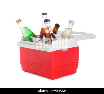 Many bottles of drinks in cooler box isolated on white Stock Photo