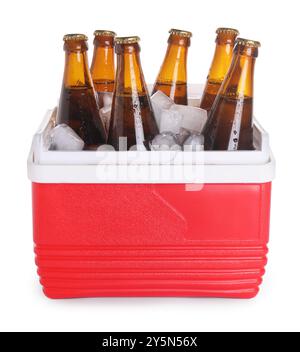 Many bottles of drinks in cooler box isolated on white Stock Photo