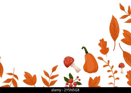 Autumn leaves, mushrooms and pumpkins on a beige background. Autumn Background for the design of banners, postcards. Autumn leaves, flowers and Stock Vector