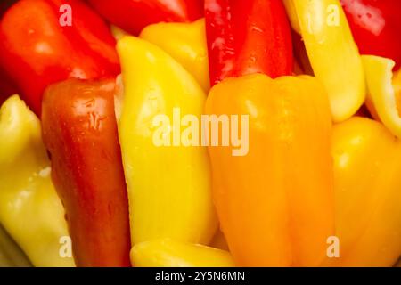 Fresh red and yellow bell peppers at the market. Stock Photo