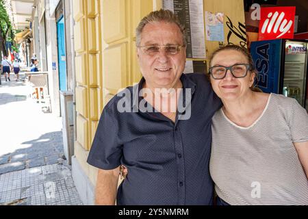 Messina Sicily Italy,Via Giacomo Venezian,outside exterior,man woman mature couple,business owners managers,restaurant cafe,Sicilian,Italian Europe Eu Stock Photo