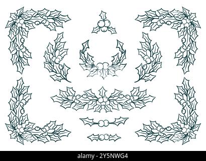 Christmas holly wreaths set. Modern design for Holidays invitation card, poster, banner, greeting card, postcard, packaging, print. Vector illustratio Stock Vector