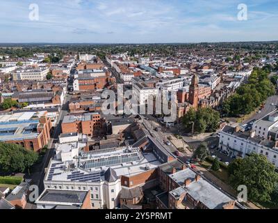 Aerial view looking approx.north up Parade, Royal Leamington Spa, Warwickshire, UK. Stock Photo