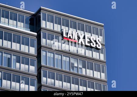 Cologne, Germany, September 18 2024: LANXESS AG Logo at Headquarters Building in cologne deutz Stock Photo